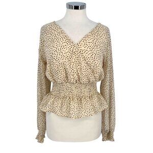 Japna Polka Dot Faux Wrap Blouse Smocked Waist Cream Beige Size Medium